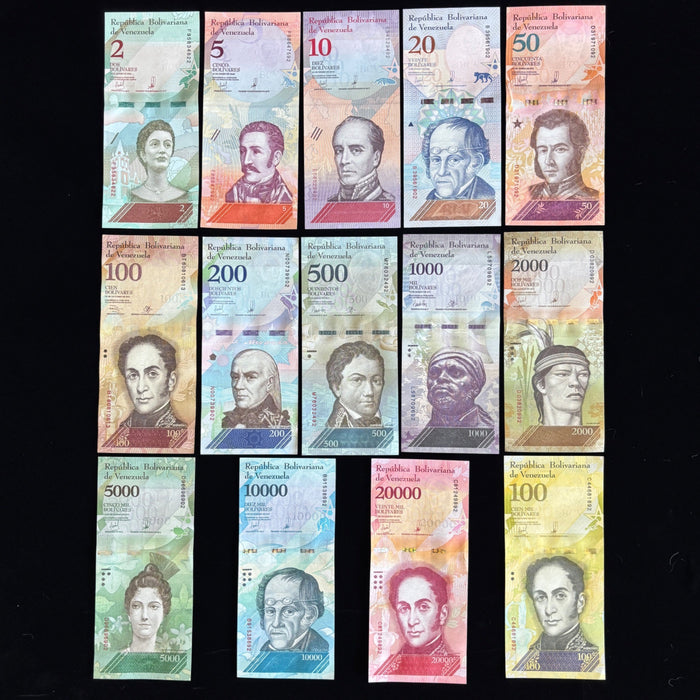 Banknote Lot of 14 Hyperinflation 2 to 100,000 Venezuela Bolivares UV Verified