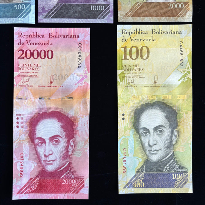 Banknote Lot of 14 Hyperinflation 2 to 100,000 Venezuela Bolivares UV Verified