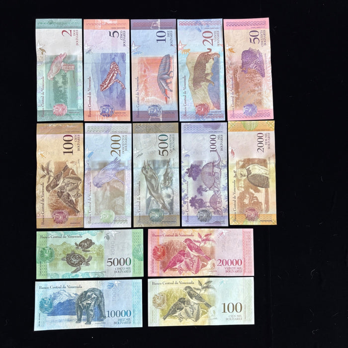 Banknote Lot of 14 Hyperinflation 2 to 100,000 Venezuela Bolivares UV Verified
