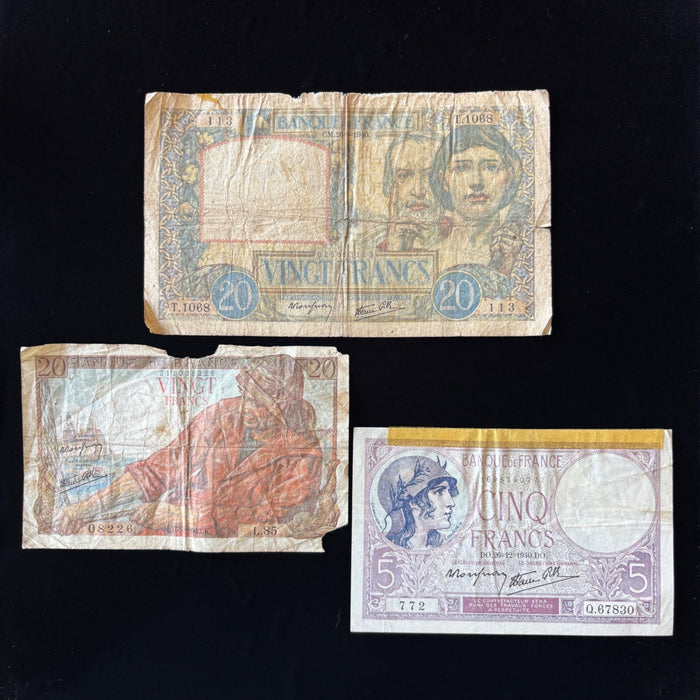 Vintage Banknote 1940 Lot of 3 Old French Money France WWII Vichy Era Watermark