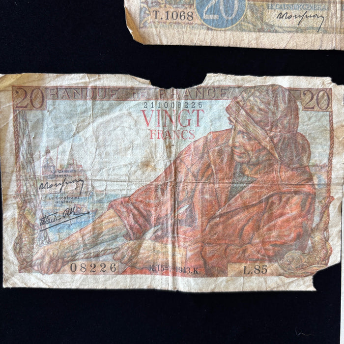 Vintage Banknote 1940 Lot of 3 Old French Money France WWII Vichy Era Watermark