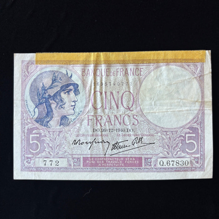 Vintage Banknote 1940 Lot of 3 Old French Money France WWII Vichy Era Watermark