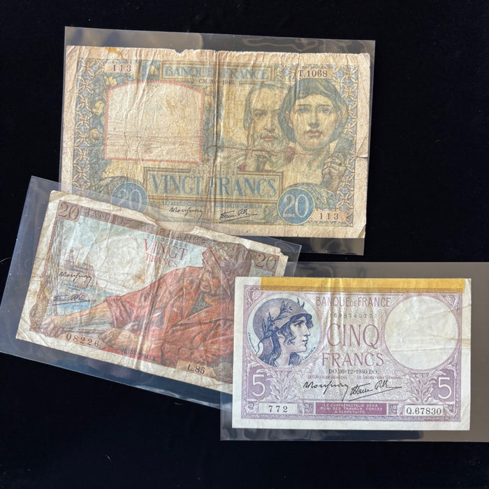 Vintage Banknote 1940 Lot of 3 Old French Money France WWII Vichy Era Watermark