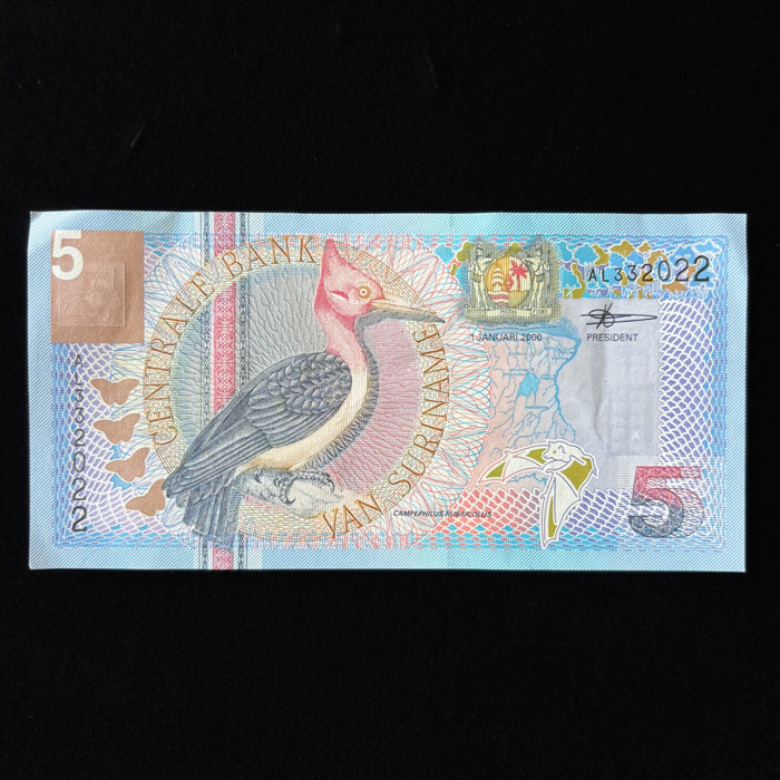 Vintage Banknote Suriname Bird Butterfly Bat Gold Foil UV Verified 5 Gulden AU