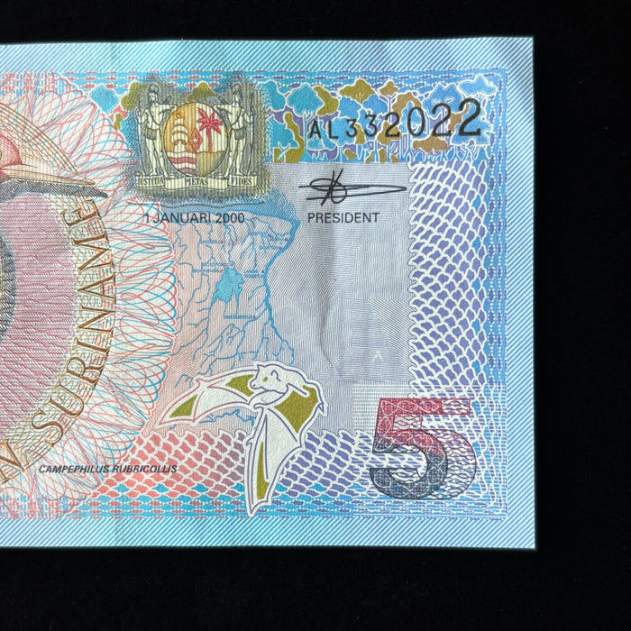 Vintage Banknote Suriname Bird Butterfly Bat Gold Foil UV Verified 5 Gulden AU