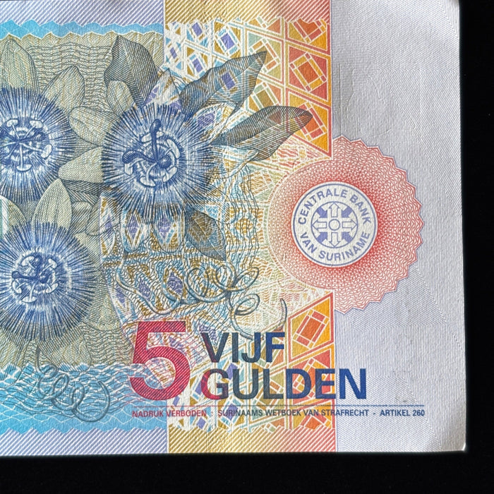 Vintage Banknote Suriname Bird Butterfly Bat Gold Foil UV Verified 5 Gulden AU