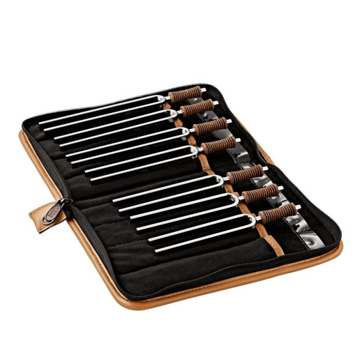 Set of metal tuning forks in a black case on a white background