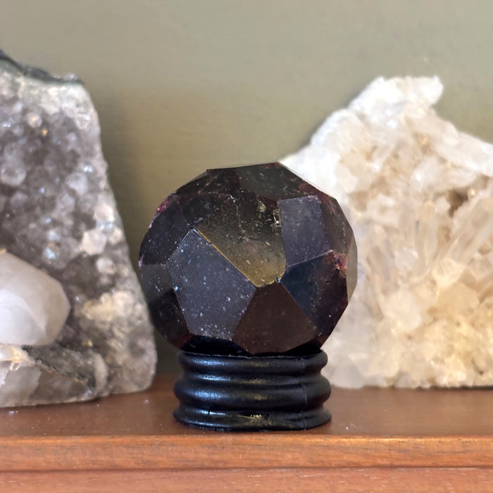 Garnet Sphere Faceted Red Crystal Ball Gemstone w/ Stand