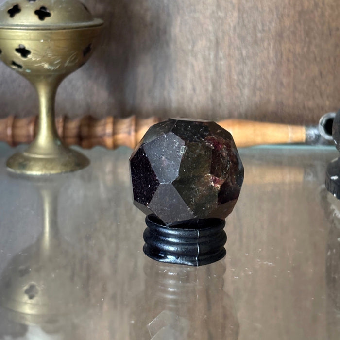 Garnet Sphere Faceted Red Crystal Ball Gemstone w/ Stand