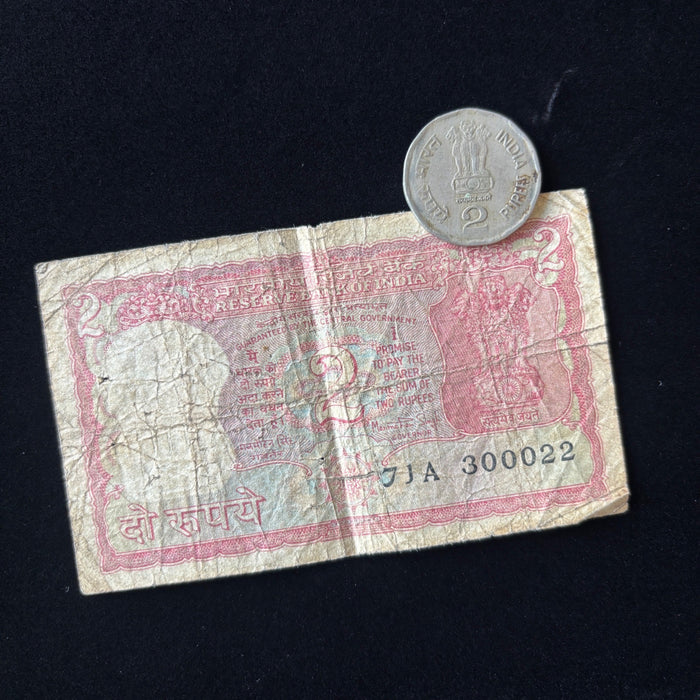 Vintage Banknote Coin India 2 Rupees Ashoka Pillar Lion Set