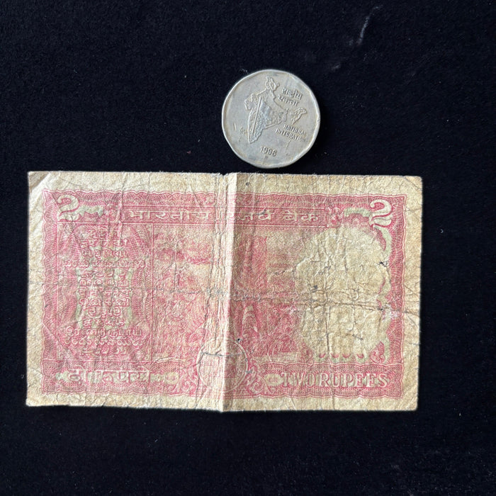 Vintage Banknote Coin India 2 Rupees Ashoka Pillar Lion Set