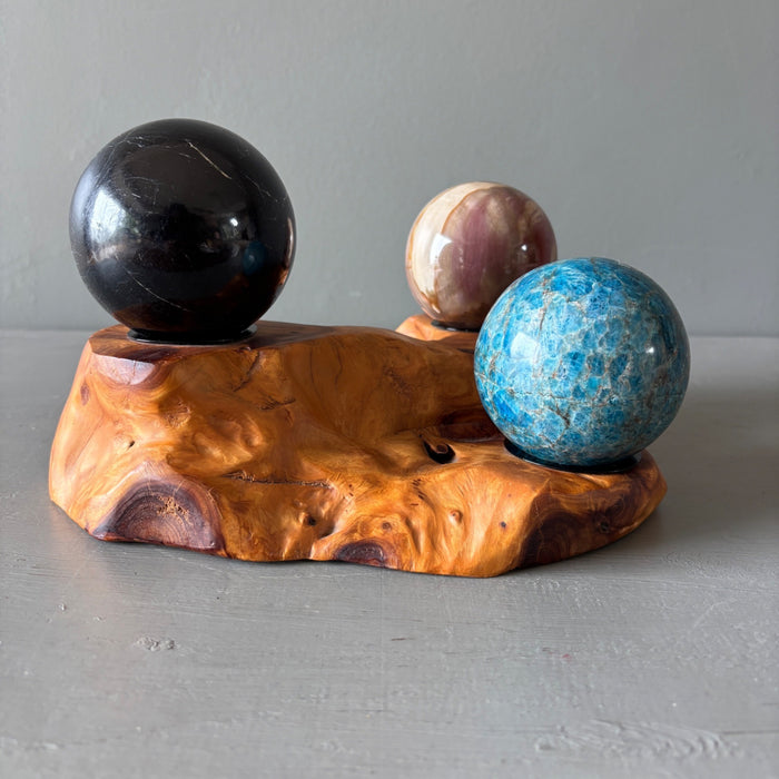 Wood 3-Cup Display Crystal Sphere Stand Rustic Holder