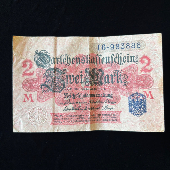 Antique Banknote WWI 1914 Germany 2 Mark Darlehenskassenschein Imperial Eagle