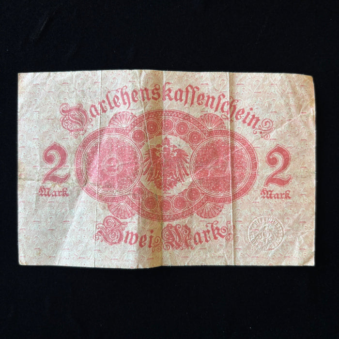 Antique Banknote WWI 1914 Germany 2 Mark Darlehenskassenschein Imperial Eagle