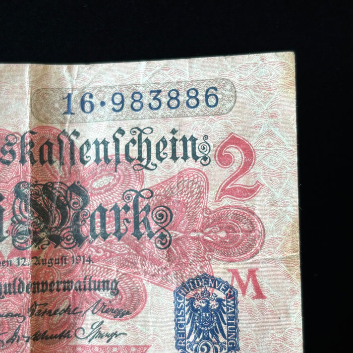 Antique Banknote WWI 1914 Germany 2 Mark Darlehenskassenschein Imperial Eagle