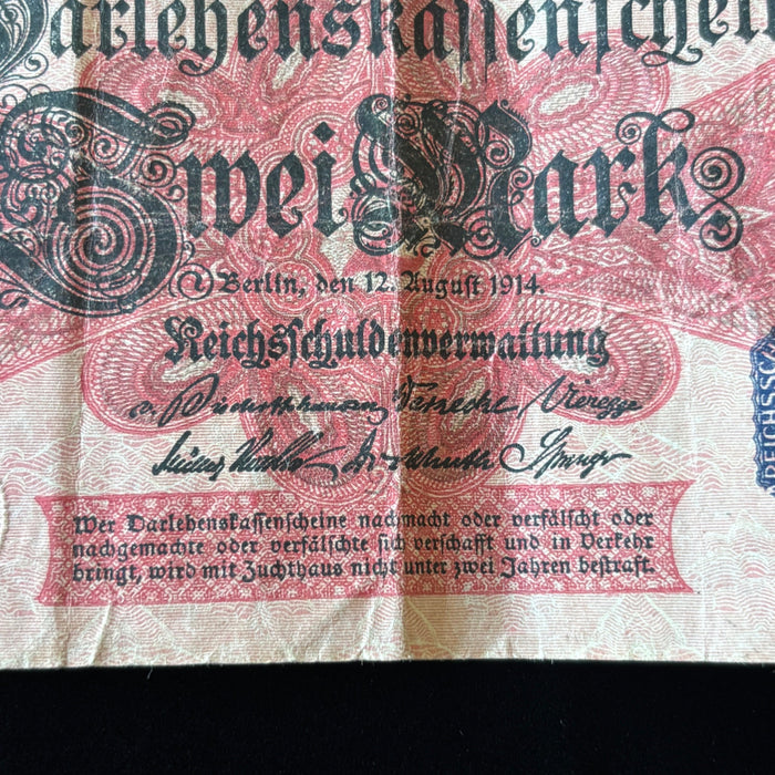 Antique Banknote WWI 1914 Germany 2 Mark Darlehenskassenschein Imperial Eagle