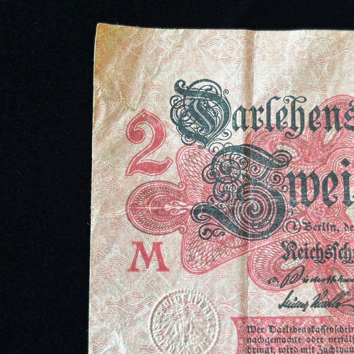 Antique Banknote WWI 1914 Germany 2 Mark Darlehenskassenschein Imperial Eagle