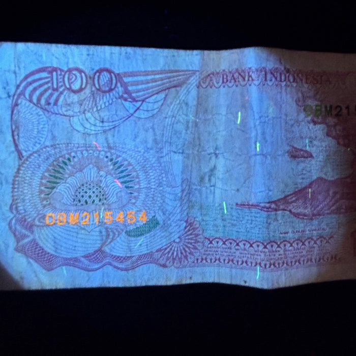 Vintage Banknote 1992 Indonesia Red Sail Boat Volcano UV Watermark 100 Rupia