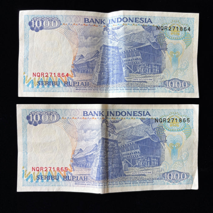 Vintage Banknote Lot Indonesia Consecutive Pair 1000 Rupia Lake Toba UV Verified