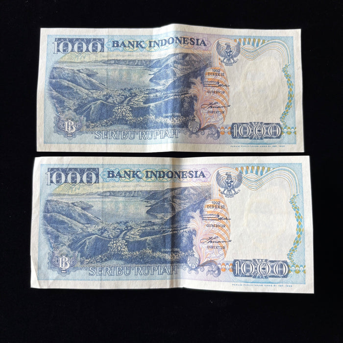 Vintage Banknote Lot Indonesia Consecutive Pair 1000 Rupia Lake Toba UV Verified