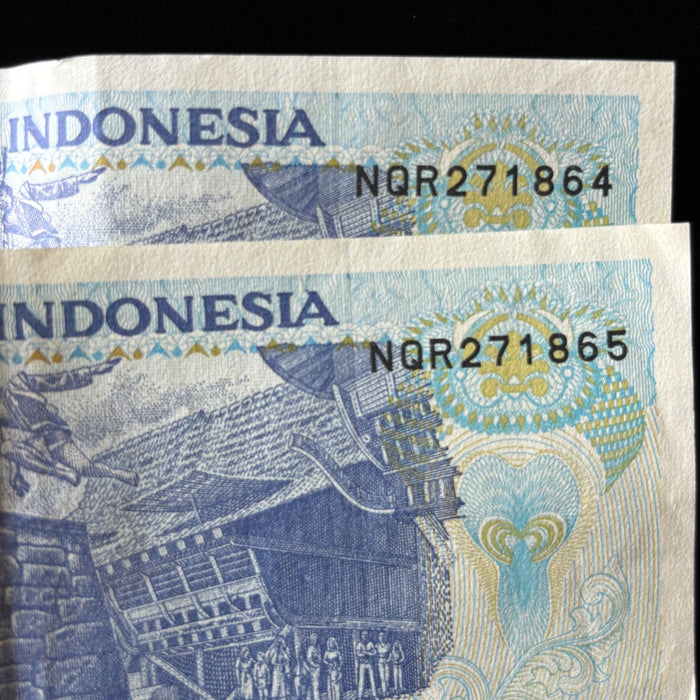 Vintage Banknote Lot Indonesia Consecutive Pair 1000 Rupia Lake Toba UV Verified