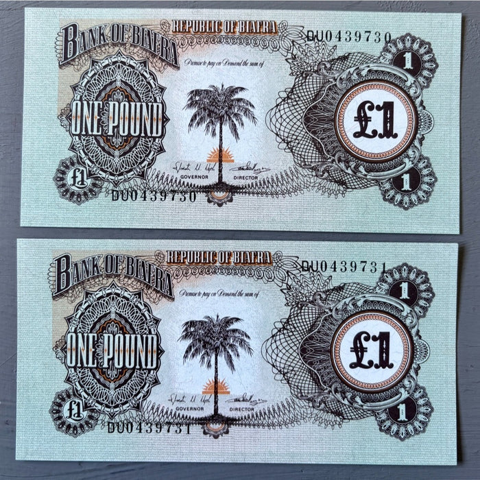 Vintage Banknote Set 1968 Consecutive Pair Biafra UNC Crisp Dead Rebel Currency