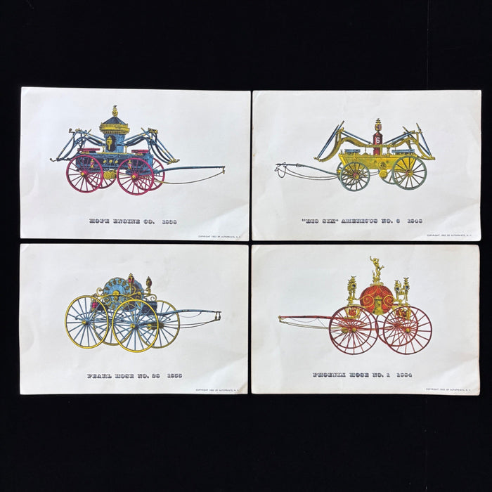 Vintage Art Print Lot Antique Fire Engine Set of 4 Americana Horse Firetrucks