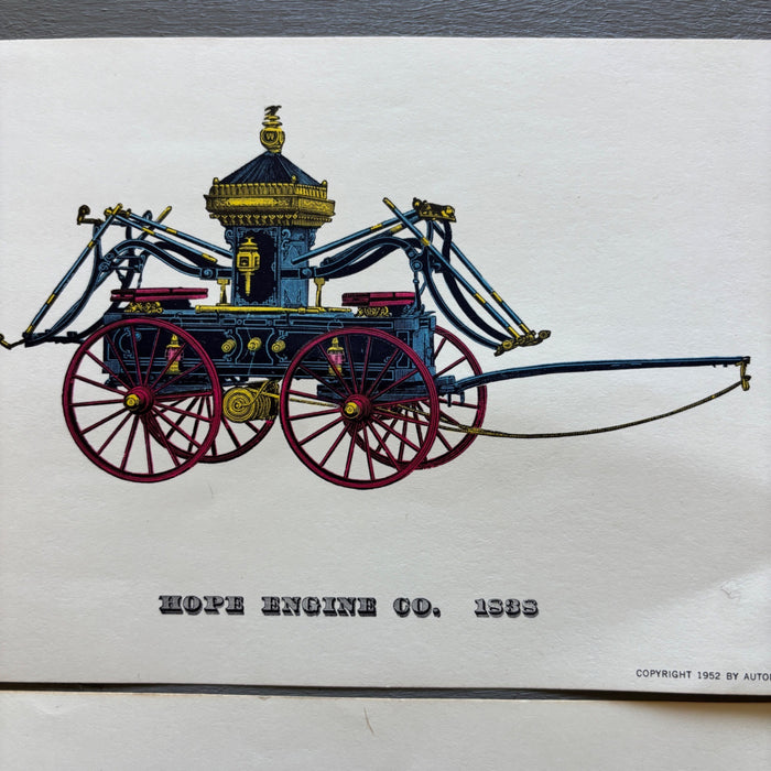 Vintage Art Print Lot Antique Fire Engine Set of 4 Americana Horse Firetrucks