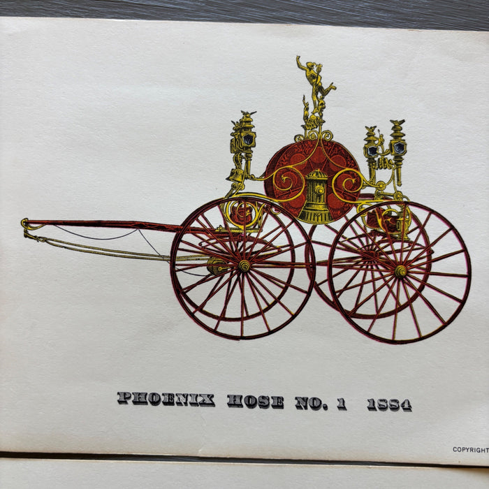 Vintage Art Print Lot Antique Fire Engine Set of 4 Americana Horse Firetrucks