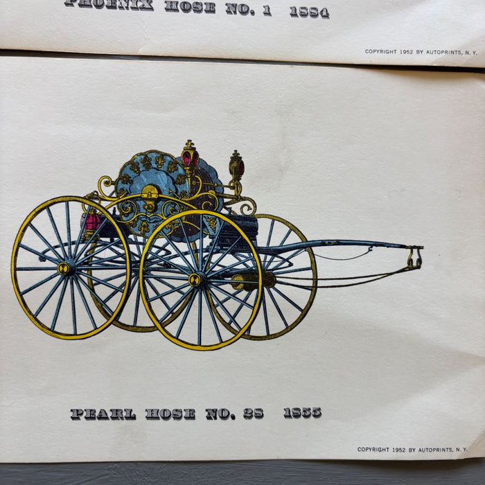 Vintage Art Print Lot Antique Fire Engine Set of 4 Americana Horse Firetrucks