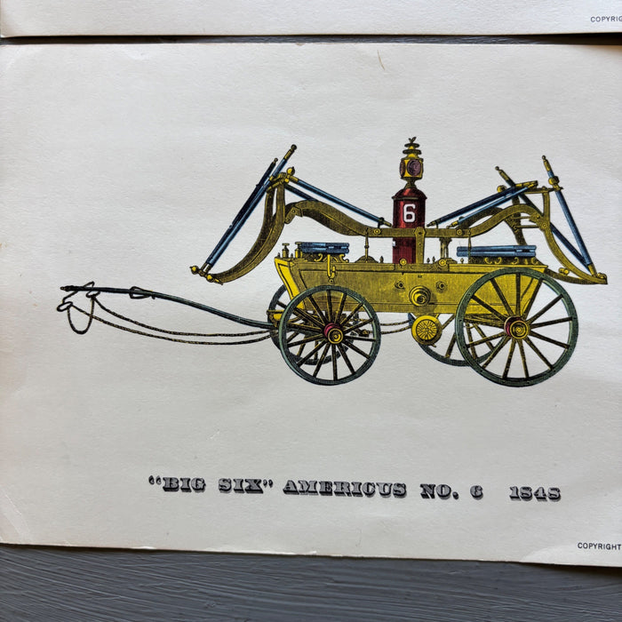 Vintage Art Print Lot Antique Fire Engine Set of 4 Americana Horse Firetrucks