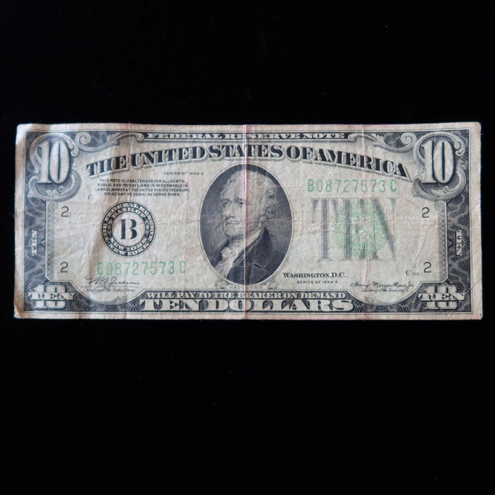 1934 A Vintage $10 Federal Reserve Banknote Green Seal New York B Block Rare