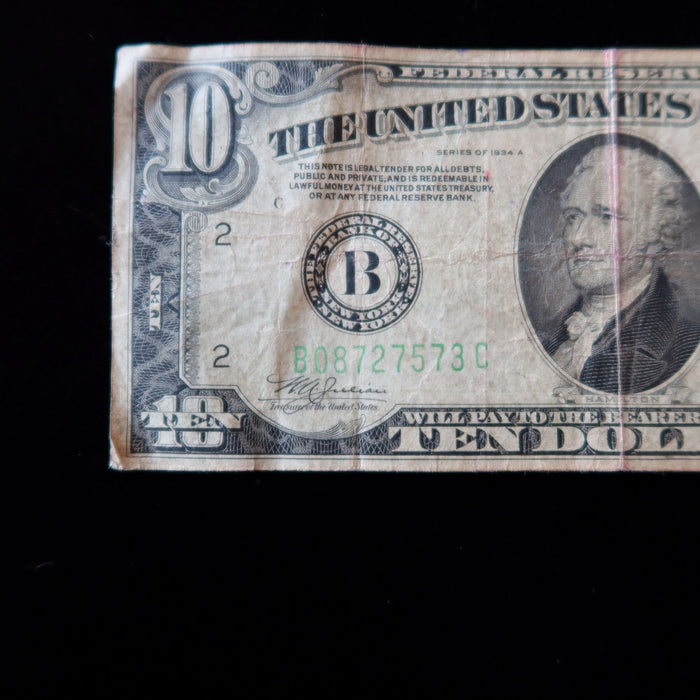 1934 A Vintage $10 Federal Reserve Banknote Green Seal New York B Block Rare