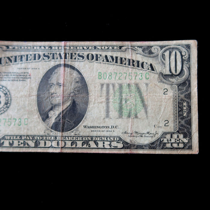 1934 A Vintage $10 Federal Reserve Banknote Green Seal New York B Block Rare