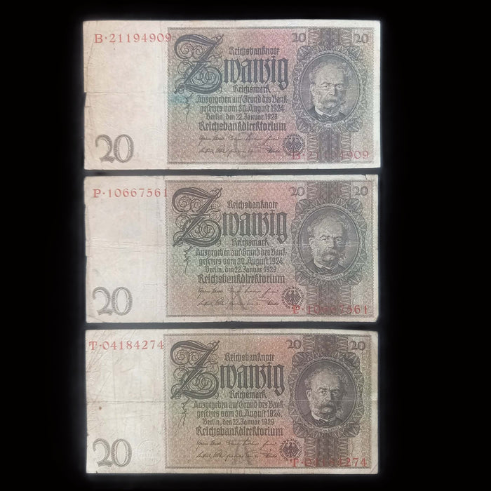 Antique Banknote 1929 Germany 20 Reichsmark Money Weimar Republic Currency 3pc Set
