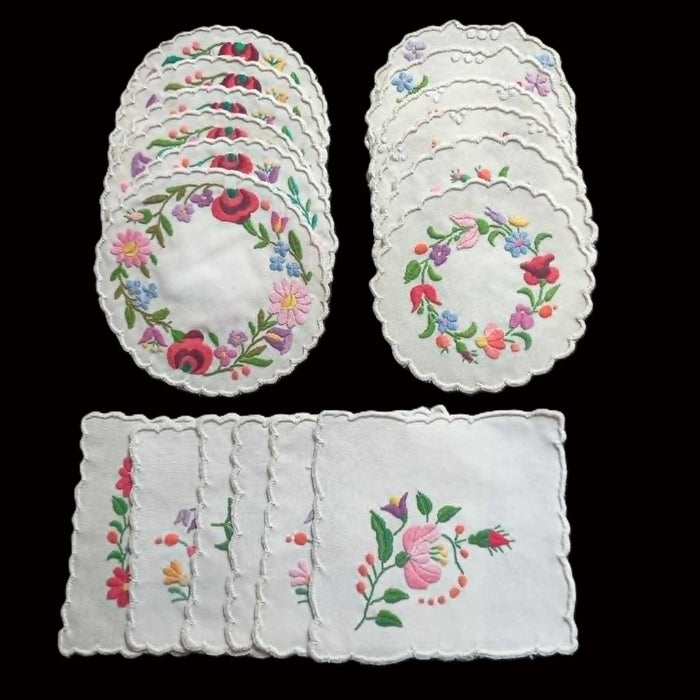Vintage Hungarian Kalocsa Doily 18pc Set Hand Embroidered Floral Cottage Table Decor 1970s