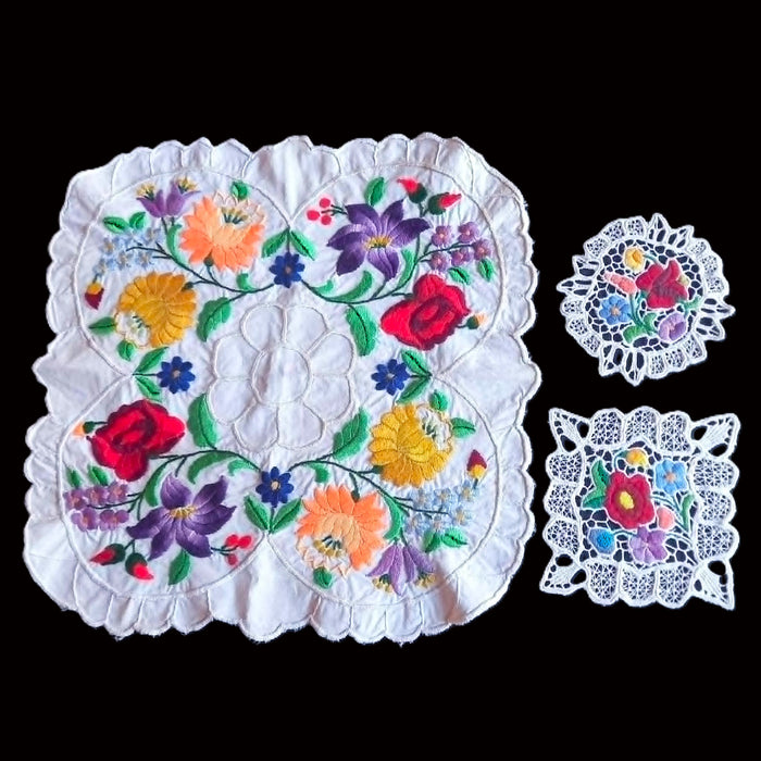 Vintage Hungarian Kalocsa 3pc Set Topper & Doilies Hand Embroidered Richelieu Lace 1970s