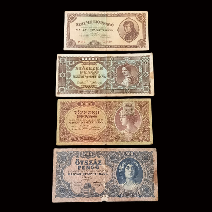 Vintage Banknote Set 1945-46 Hungary Pengő 4pc Rare Error, Stamp 047047 WWII Money