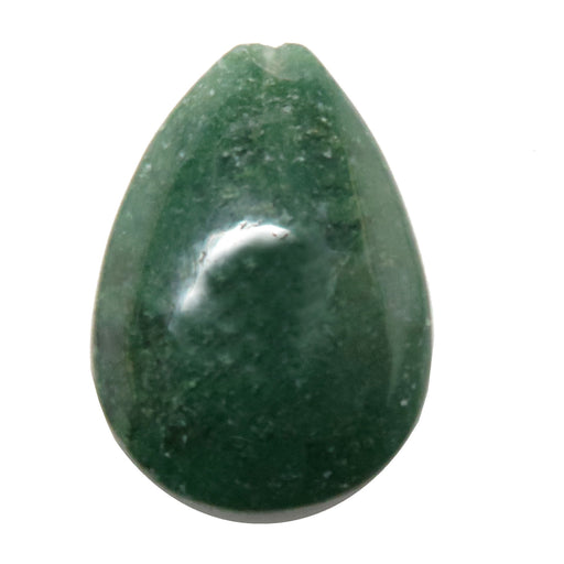 Teardrop-shaped green Moss Agate stone on a white background
