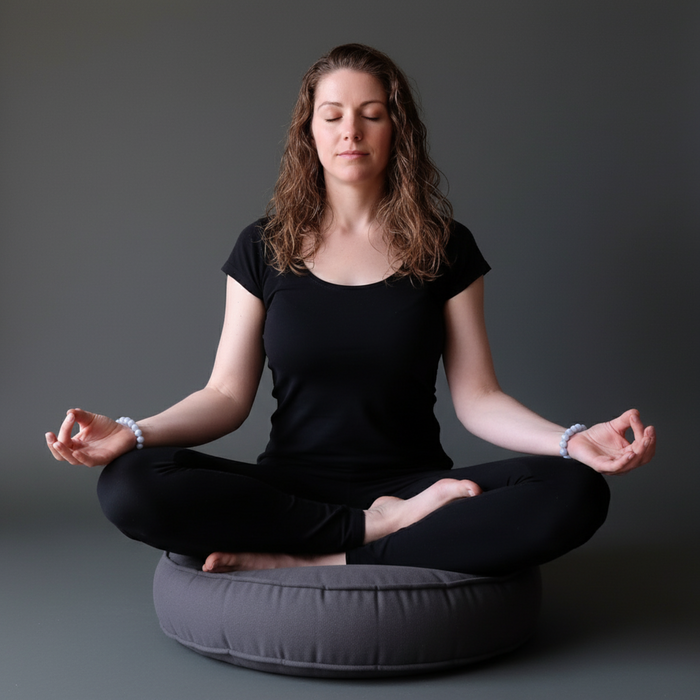 Woman in black outfit sitting cross-legged on a gray cushion against a dark background