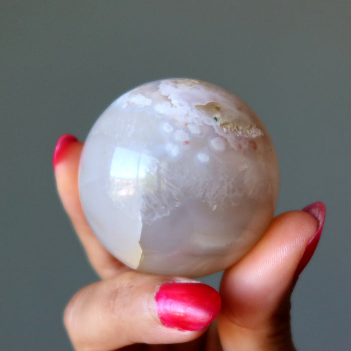 Flower Agate Sphere White Clouds Crystal Ball