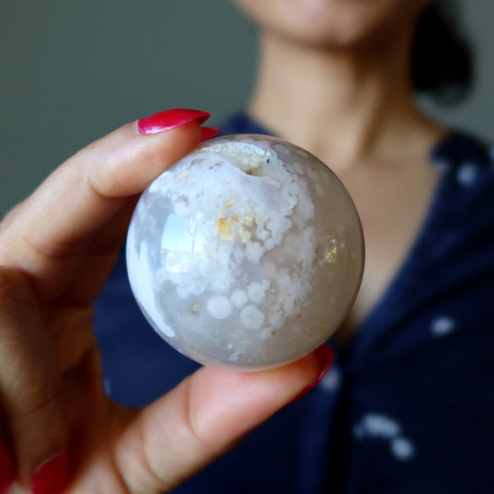 Flower Agate Sphere White Clouds Crystal Ball