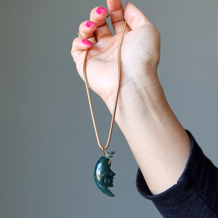 Moss Agate Necklace Glorious Crescent Moon Gold Chain