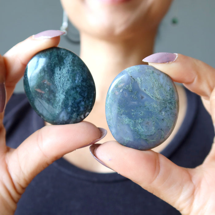 Moss Agate Grid Crystal Pair Layout Gems