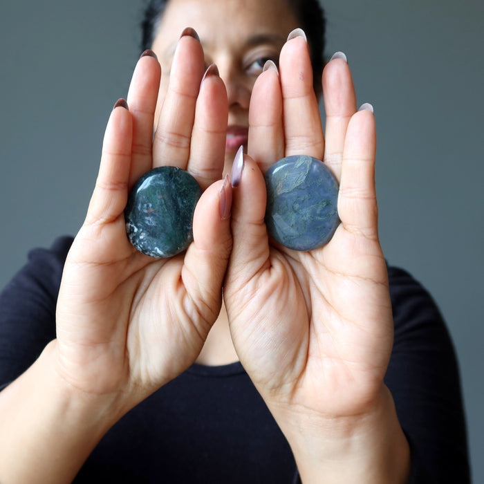 Moss Agate Grid Crystal Pair Layout Gems