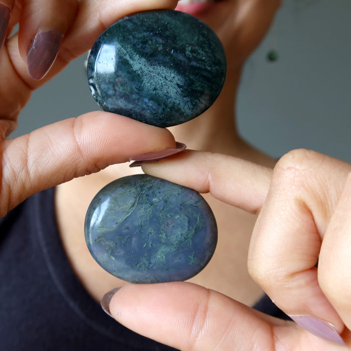 Moss Agate Grid Crystal Pair Layout Gems