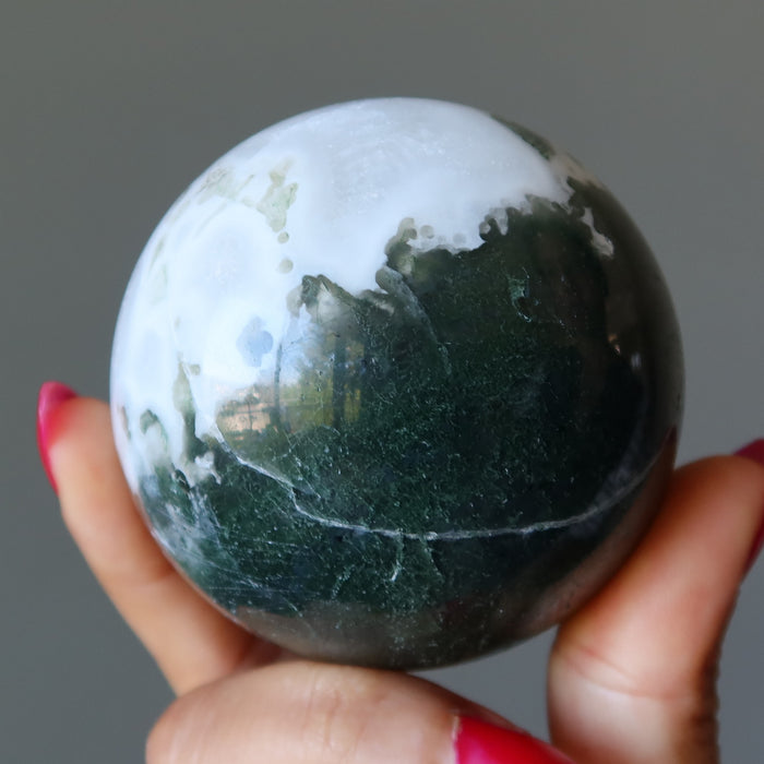 Moss Agate Sphere Flourishing Green White Crystal Ball