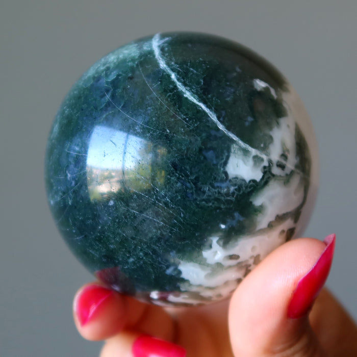 Moss Agate Sphere Flourishing Green White Crystal Ball