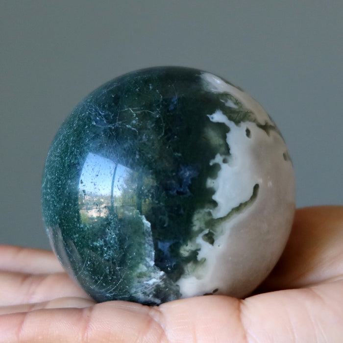 Moss Agate Sphere Flourishing Green White Crystal Ball