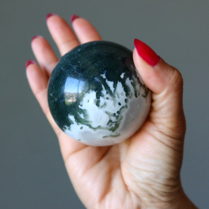 Moss Agate Sphere Flourishing Green White Crystal Ball